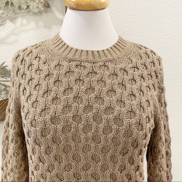 J Crew Gold Metallic Honeycomb Cable Knit Neck Sweater Tan Small - Picture 3 of 7